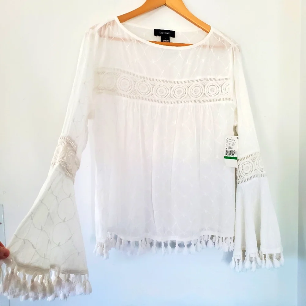 NWT KAREN KANE L White Embroidered Tassel Top Cotton Bell Sleeve Boho Coastal - Picture 5 of 14